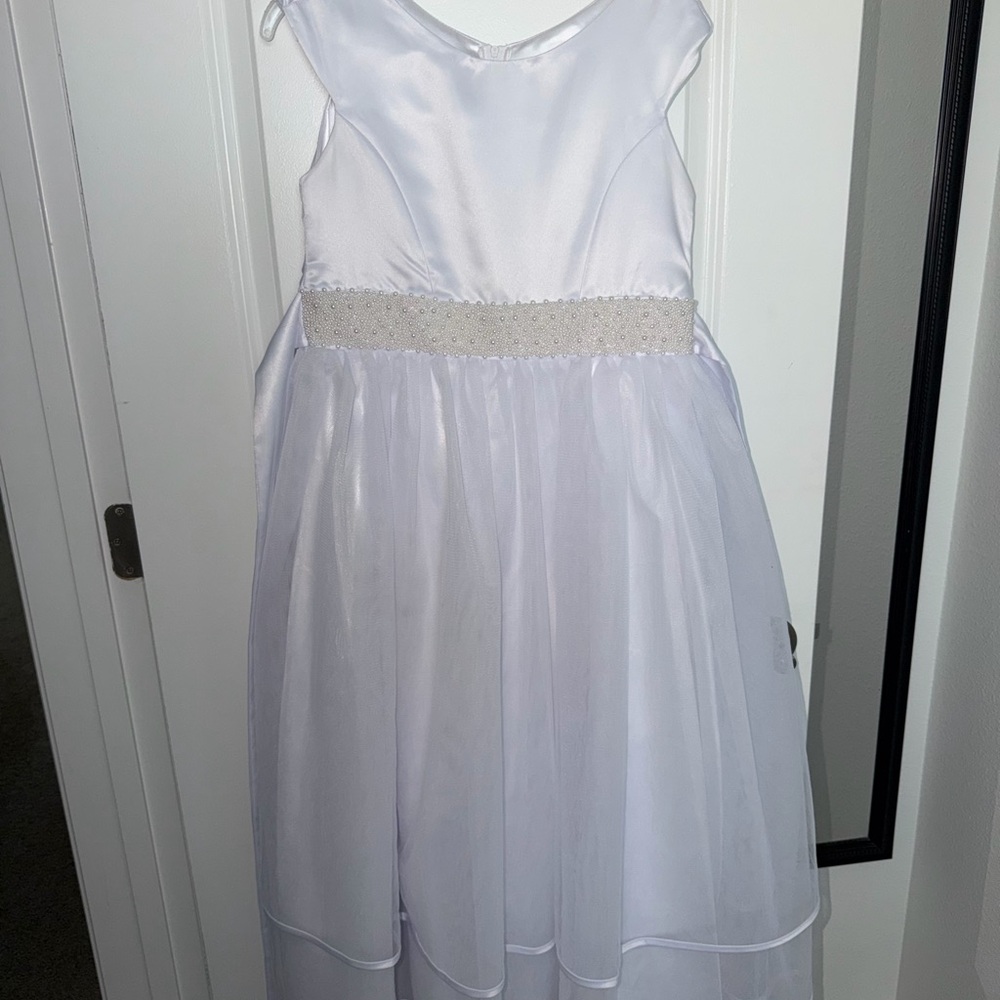 Classic White Satin & Tulle Girls' Formal Dress with Beaded Waist